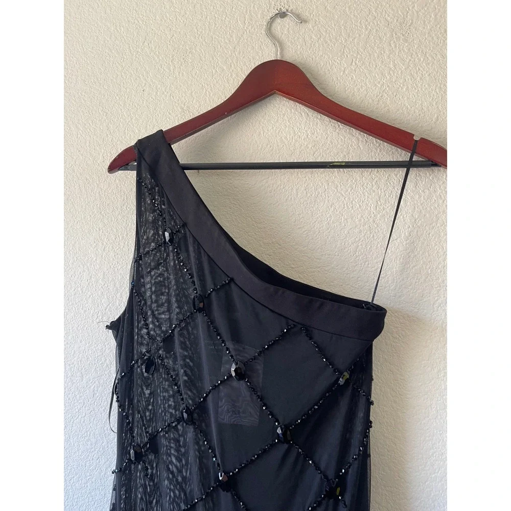 NWT Akira Black One Shoulder Beaded Mesh Maxi Dress Size M